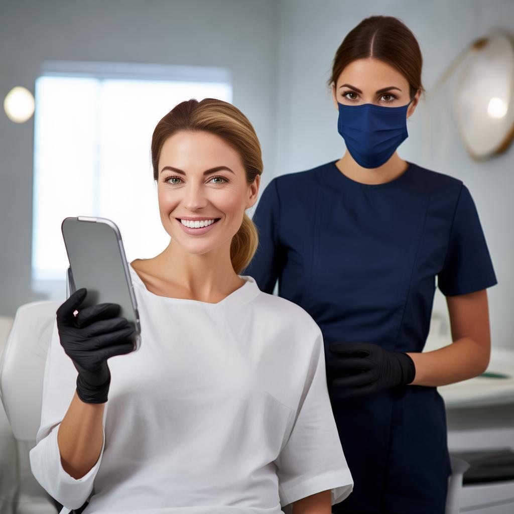 A satisfied client at a high-end beauty center, looking at her radiant skin in a handheld mirror with a big smile. The esthetician, wearing a dark blue uniform, black gloves, and a face mask, stands beside her, attentively explaining the results. The setting is bright, with clean and modern decor, emphasizing professionalism and trust. Soft lighting enhances the client’s natural glow. High-quality, close-up shot, professional photography. created by AI