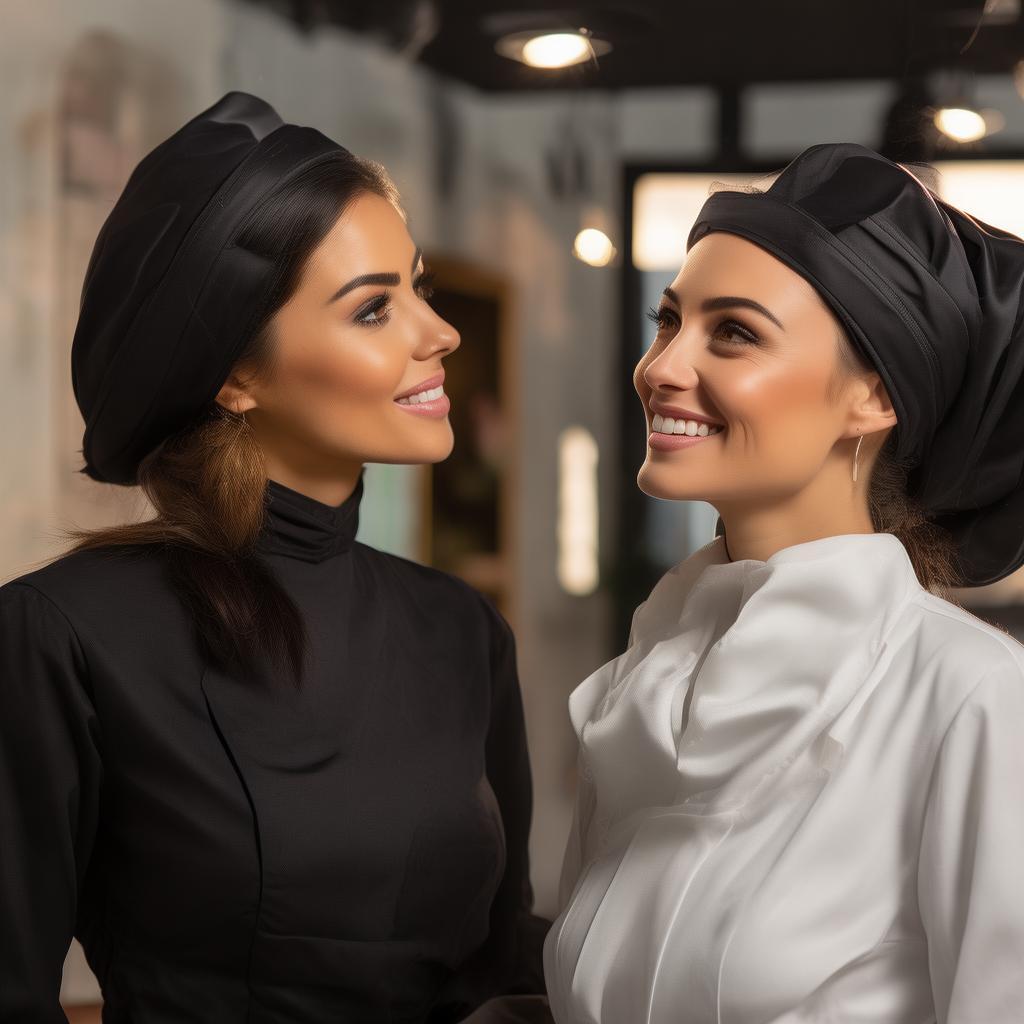 A satisfied client at a high-end beauty center, looking at her radiant skin in a handheld mirror with a big smile. The esthetician, wearing a dark blue uniform, black gloves, and a face mask, stands beside her, attentively explaining the results. The setting is bright, with clean and modern decor, emphasizing professionalism and trust. Soft lighting enhances the client’s natural glow. High-quality, close-up shot, professional photography. (Spanish women) created by AI
