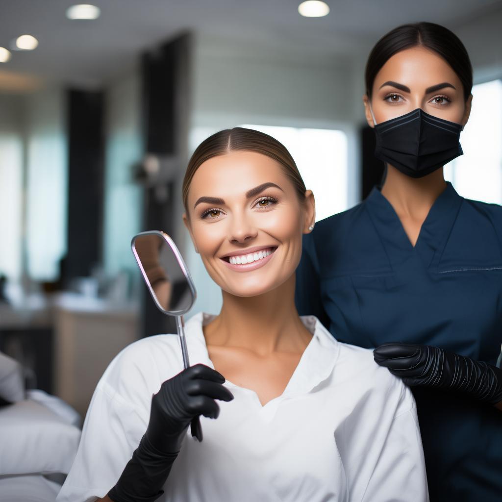 A satisfied client at a high-end beauty center, looking at her radiant skin in a handheld mirror with a big smile. The esthetician, wearing a dark blue uniform, black gloves, and a face mask, stands beside her, attentively explaining the results. The setting is bright, with clean and modern decor, emphasizing professionalism and trust. Soft lighting enhances the client’s natural glow. High-quality, close-up shot, professional photography. created by AI