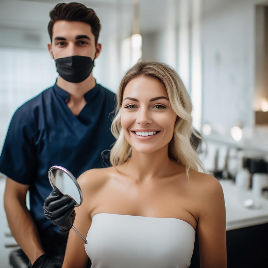A satisfied client at a high-end beauty center, looking at her radiant skin in a handheld mirror with a big smile. The esthetician, wearing a dark blue uniform, black gloves, and a face mask, stands beside her, attentively explaining the results. The setting is bright, with clean and modern decor, emphasizing professionalism and trust. Soft lighting enhances the client’s natural glow. High-quality, close-up shot, professional photography. created by AI
