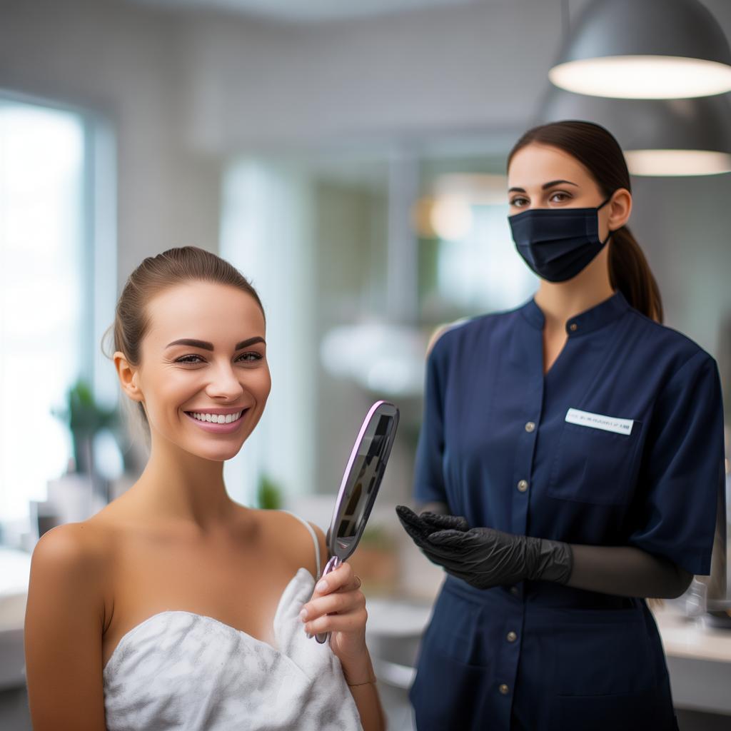 A satisfied client at a high-end beauty center, looking at her radiant skin in a handheld mirror with a big smile. The esthetician, wearing a dark blue uniform, black gloves, and a face mask, stands beside her, attentively explaining the results. The setting is bright, with clean and modern decor, emphasizing professionalism and trust. Soft lighting enhances the client’s natural glow. High-quality, close-up shot, professional photography. created by AI