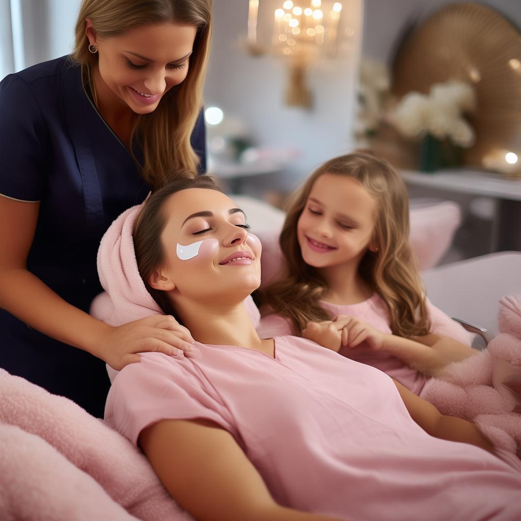 A mother and daughter at a luxurious beauty center, enjoying a self-care moment together. The mother receives a relaxing facial massage, while the daughter smiles, holding her hand. The esthetician, dressed in a dark blue uniform with black gloves, provides the treatment with care. The atmosphere is cozy and elegant, with soft pastel tones and gentle lighting. The image conveys warmth, love, and well-being. High-quality, professional photography, warm and inviting tone. created by AI