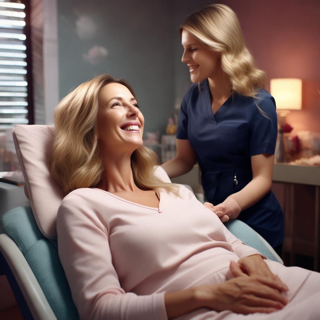 A mother (45 years old) and daughter (25 years old) at a luxurious beauty center, enjoying a self-care moment together. The mother receives a relaxing facial massage, while the daughter smiles, holding her hand. The esthetician, dressed in a dark blue uniform with black gloves, provides the treatment with care. The atmosphere is cozy and elegant, with soft pastel tones and gentle lighting. The image conveys warmth, love, and well-being. High-quality, professional photography, warm and inviting tone. created by AI
