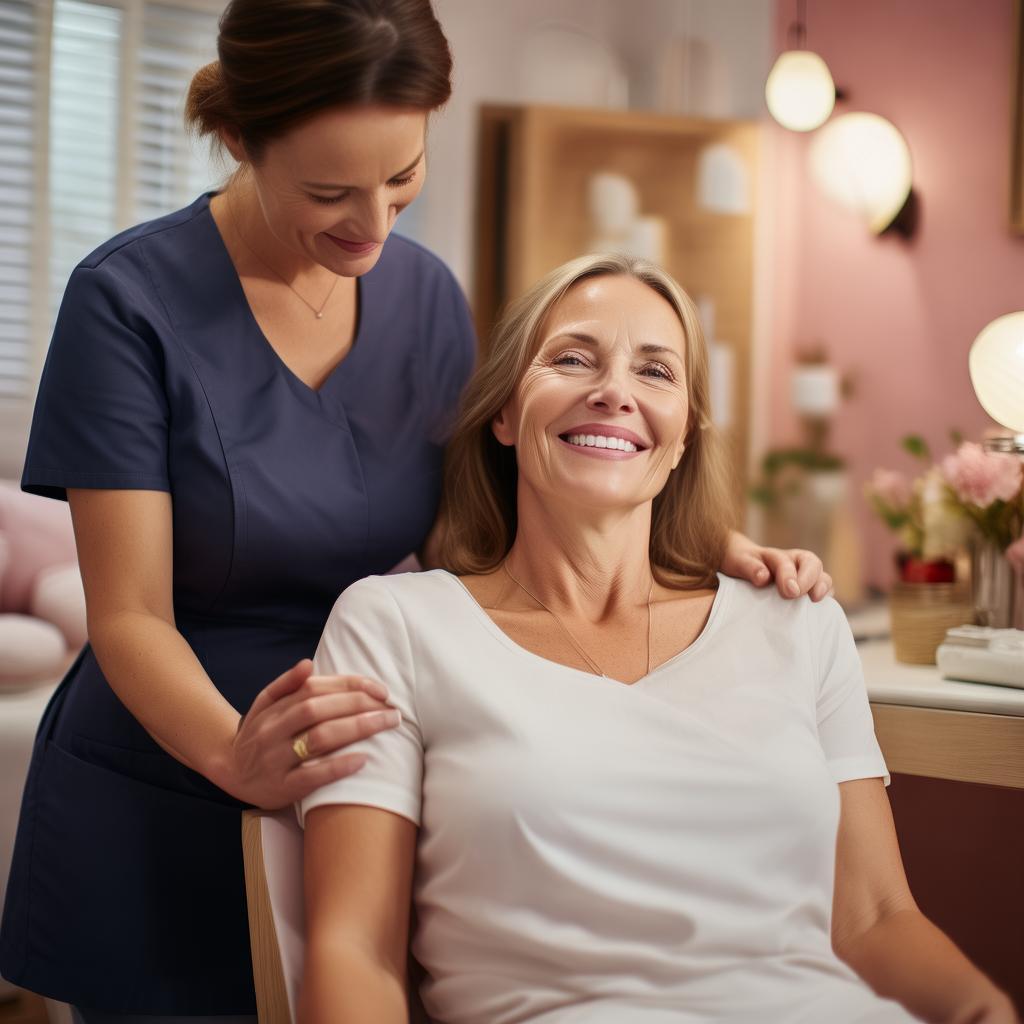 A mother (45 years old) and daughter (25 years old) at a luxurious beauty center, enjoying a self-care moment together. The mother receives a relaxing facial massage, while the daughter smiles, holding her hand. The esthetician, dressed in a dark blue uniform with black gloves, provides the treatment with care. The atmosphere is cozy and elegant, with soft pastel tones and gentle lighting. The image conveys warmth, love, and well-being. High-quality, professional photography, warm and inviting tone. created by AI