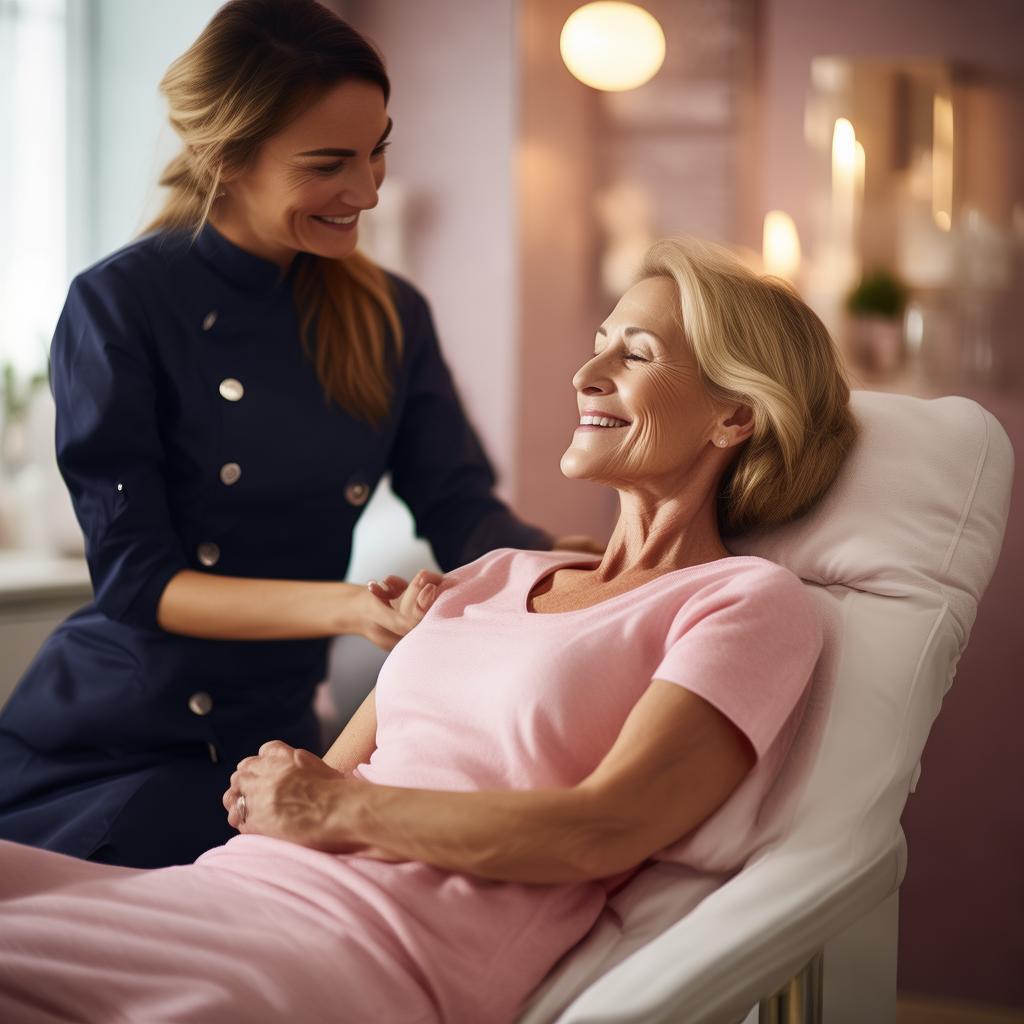 A mother (45 years old) and daughter (25 years old) at a luxurious beauty center, enjoying a self-care moment together. The mother receives a relaxing facial massage, while the daughter smiles, holding her hand. The esthetician, dressed in a dark blue uniform with black gloves, provides the treatment with care. The atmosphere is cozy and elegant, with soft pastel tones and gentle lighting. The image conveys warmth, love, and well-being. High-quality, professional photography, warm and inviting tone. created by AI