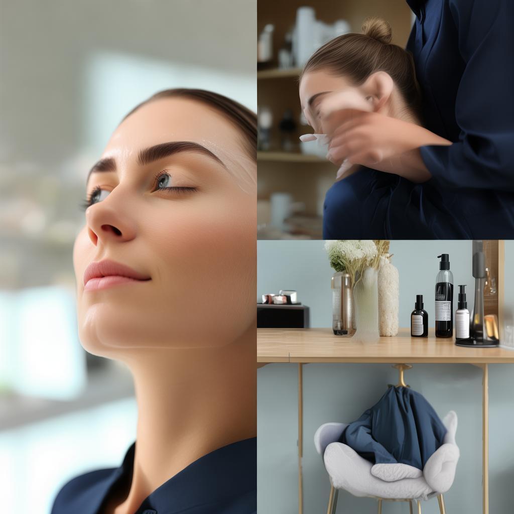 A sequence of professional beauty treatments in a modern aesthetic center. The first image shows a woman receiving a facial hydration treatment, her skin glowing naturally. The second image captures the esthetician in a dark blue uniform, applying a gentle lifting technique. The third image highlights a minimalist skincare setup with high-end beauty products. The background remains elegant and neutral, focusing on skin health and natural beauty. High-resolution, soft lighting, clean and professional photography. created by AI