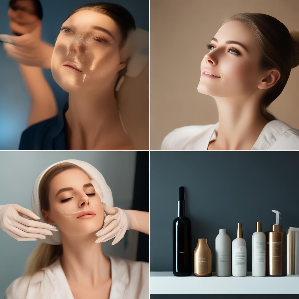 A sequence of professional beauty treatments in a modern aesthetic center. The first image shows a woman receiving a facial hydration treatment, her skin glowing naturally. The second image captures the esthetician in a dark blue uniform, applying a gentle lifting technique. The third image highlights a minimalist skincare setup with high-end beauty products. The background remains elegant and neutral, focusing on skin health and natural beauty. High-resolution, soft lighting, clean and professional photography. created by AI