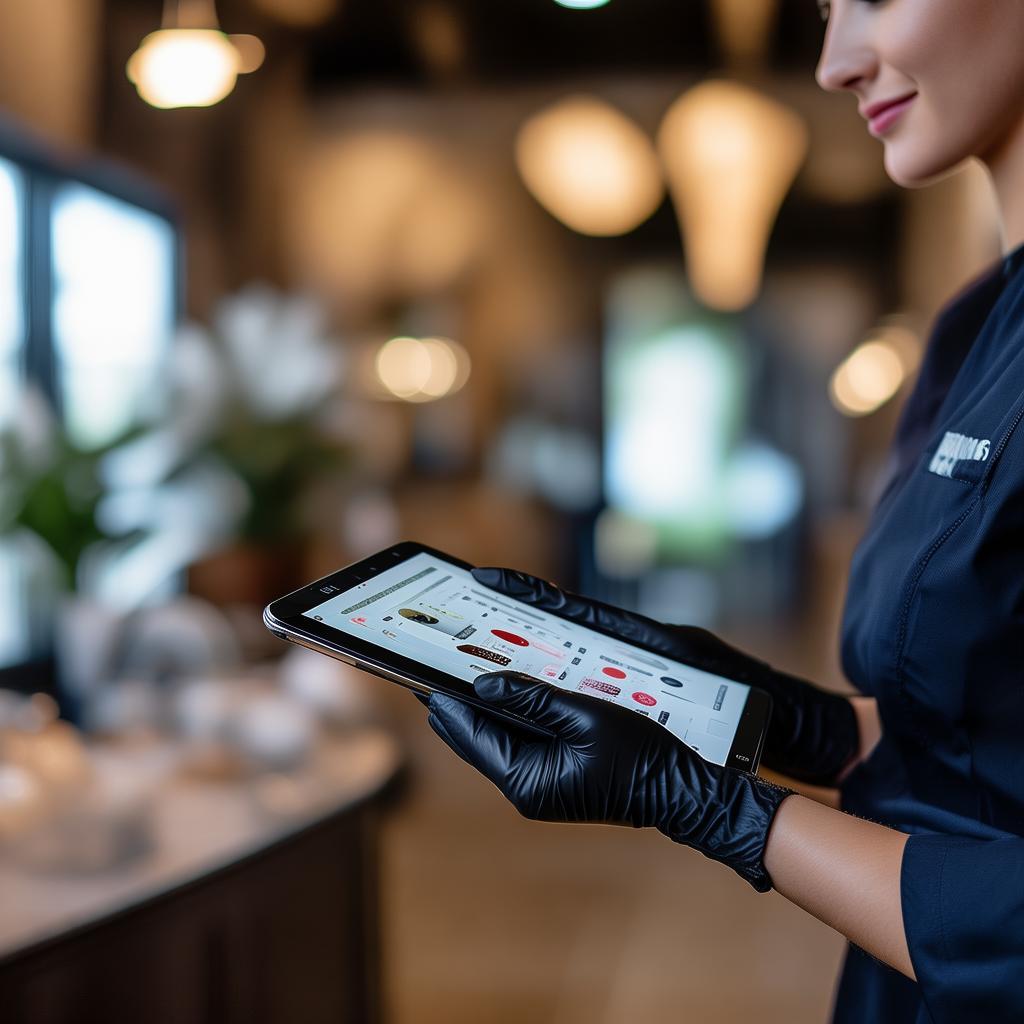 A modern and stylish beauty center with a friendly atmosphere. A professional esthetician in a dark blue uniform and black gloves presents a selection of beauty treatments on a sleek tablet or a stylish info board. The background is softly blurred, emphasizing a luxurious yet welcoming space. The image invites engagement, prompting viewers to choose their favorite treatment. High-quality, clean, and professional photography, warm lighting. created by AI