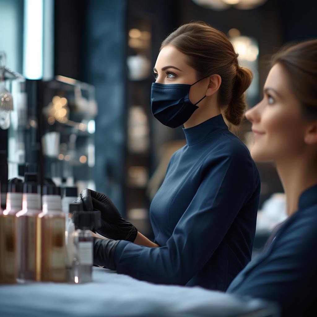A luxurious beauty studio with soft lighting and elegant decor. A professional esthetician in a dark blue uniform, black gloves, and a face mask is warmly welcoming a client, explaining a facial treatment. The atmosphere is clean, modern, and sophisticated, with high-end skincare products neatly arranged in the background. The focus is on professionalism and trust. High-resolution, close-up shot, professional photography created by AI