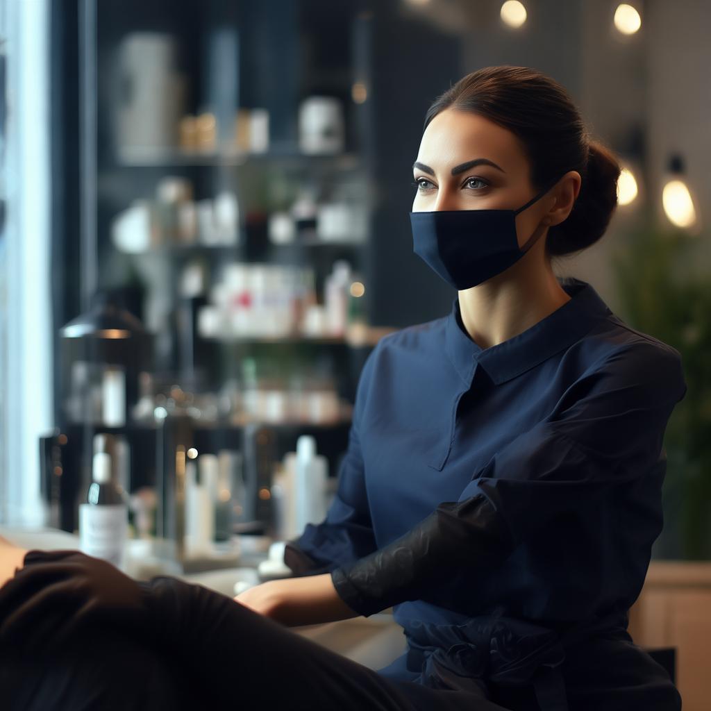A luxurious beauty studio with soft lighting and elegant decor. A professional esthetician in a dark blue uniform, black gloves, and a face mask is warmly welcoming a client, explaining a facial treatment. The atmosphere is clean, modern, and sophisticated, with high-end skincare products neatly arranged in the background. The focus is on professionalism and trust. High-resolution, close-up shot, professional photography created by AI