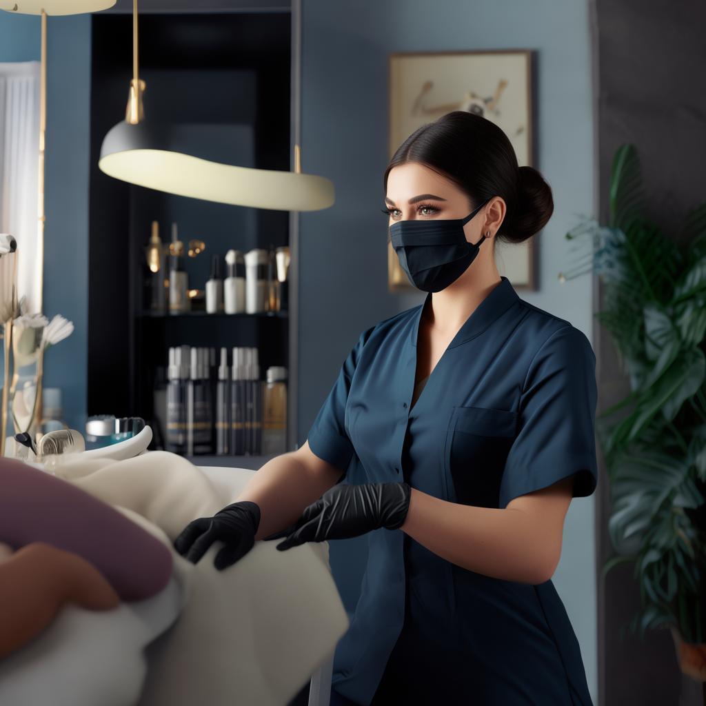A luxurious beauty studio with soft lighting and elegant decor. A professional esthetician in a dark blue uniform, black gloves, and a face mask is warmly welcoming a client, explaining a facial treatment. The atmosphere is clean, modern, and sophisticated, with high-end skincare products neatly arranged in the background. The focus is on professionalism and trust. High-resolution, close-up shot, professional photography created by AI