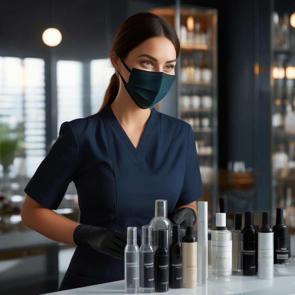 A luxurious beauty studio with soft lighting and elegant decor. A professional esthetician in a dark blue uniform, black gloves, and a face mask is warmly welcoming a client, explaining a facial treatment. The atmosphere is clean, modern, and sophisticated, with high-end skincare products neatly arranged in the background. The focus is on professionalism and trust. High-resolution, close-up shot, professional photography created by AI