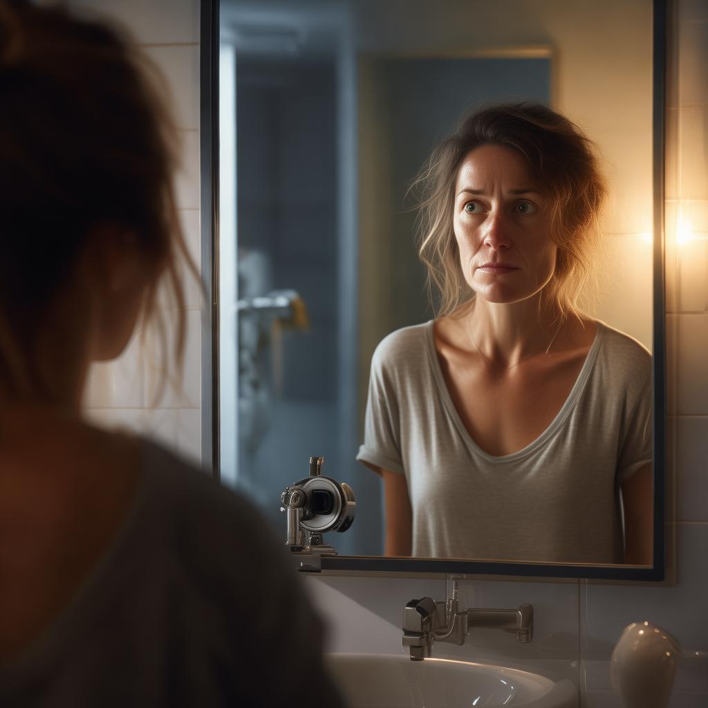 A tired mother looking at herself in the mirror with a slightly exhausted expression. The background is a cozy home bathroom with warm lighting. She wears casual, comfortable clothing, and her hair is slightly messy. The reflection in the mirror captures her looking at her face, emphasizing signs of fatigue.
created by AI