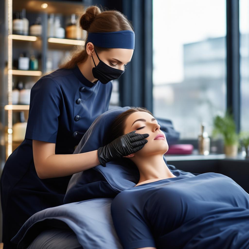 A luxurious beauty studio where a professional esthetician in a dark blue uniform, wearing black gloves, a cap, and a face mask, is performing a facial treatment on a client. The focus is on a hydrating facial procedure, with high-quality skincare products displayed neatly in the background
created by AI