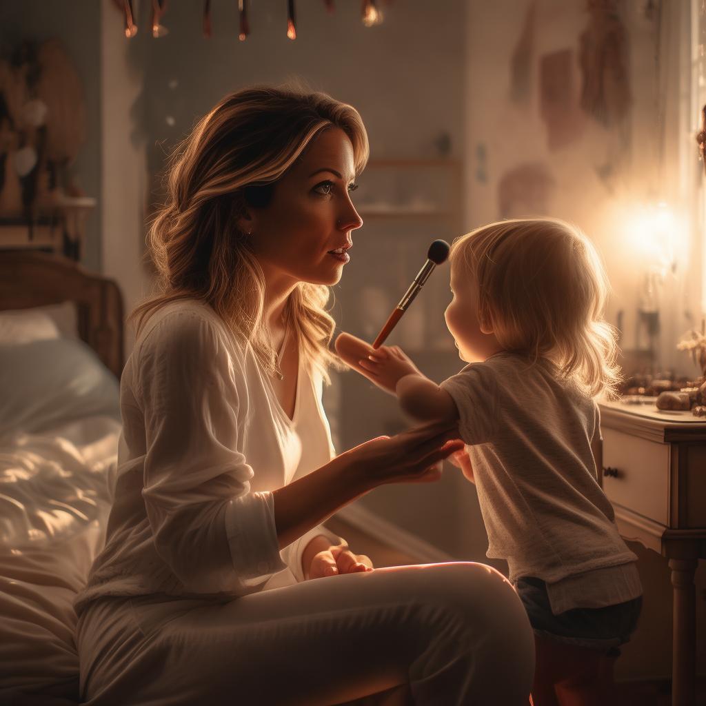 A mother sitting at a dressing table, trying to apply makeup quickly. She holds a makeup brush in one hand while her young child playfully tugs at her other arm. The background is a softly lit bedroom, creating a realistic and relatable setting.
created by AI