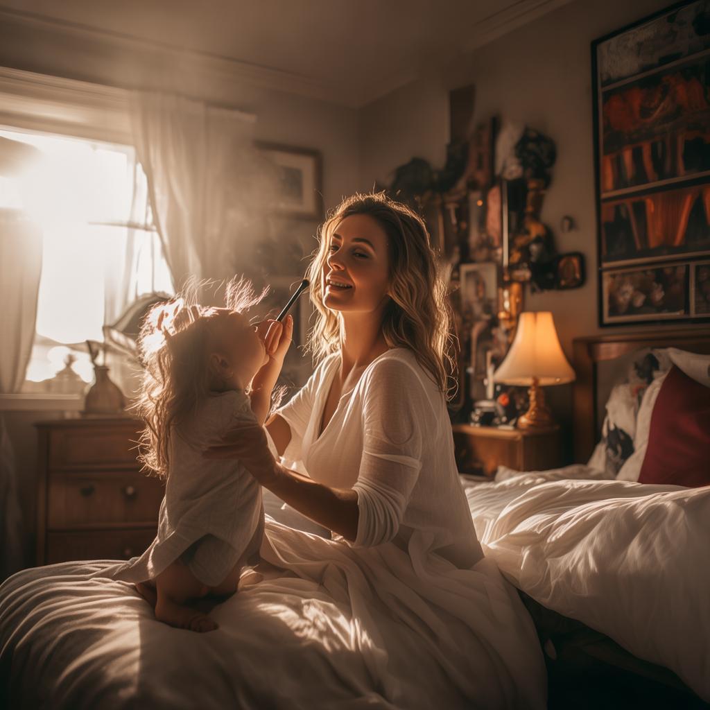 A mother sitting at a dressing table, trying to apply makeup quickly. She holds a makeup brush in one hand while her young child playfully tugs at her other arm. The background is a softly lit bedroom, creating a realistic and relatable setting.
created by AI