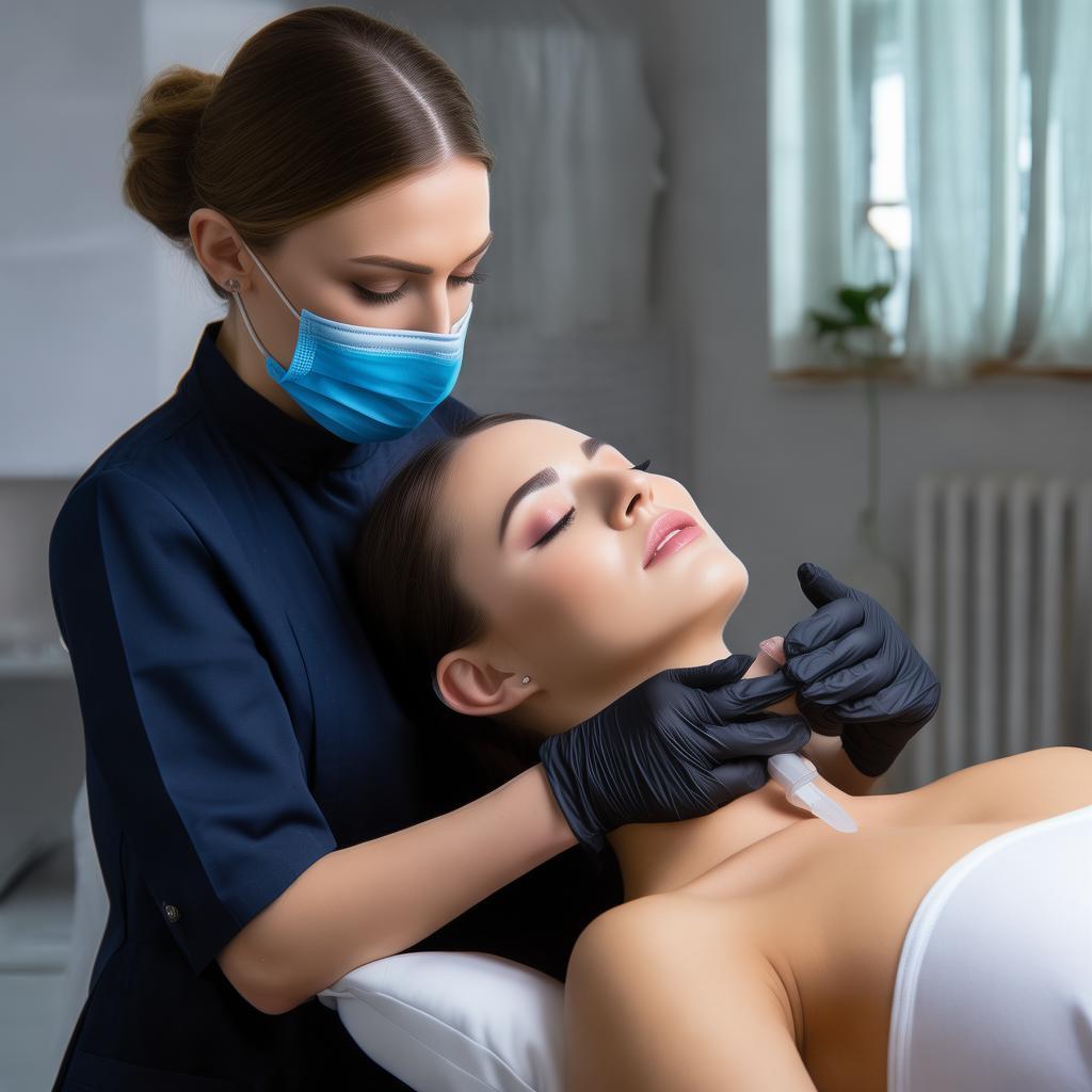 Close-up of a professional performing a non-surgical lifting treatment on a client. The esthetician wears a navy blue uniform, black gloves, a cap, and a mask. The environment is a clean and modern aesthetic center with soft lighting. A separate scene shows a perfect manicure being done, highlighting the precision and durability of the technique. created by AI