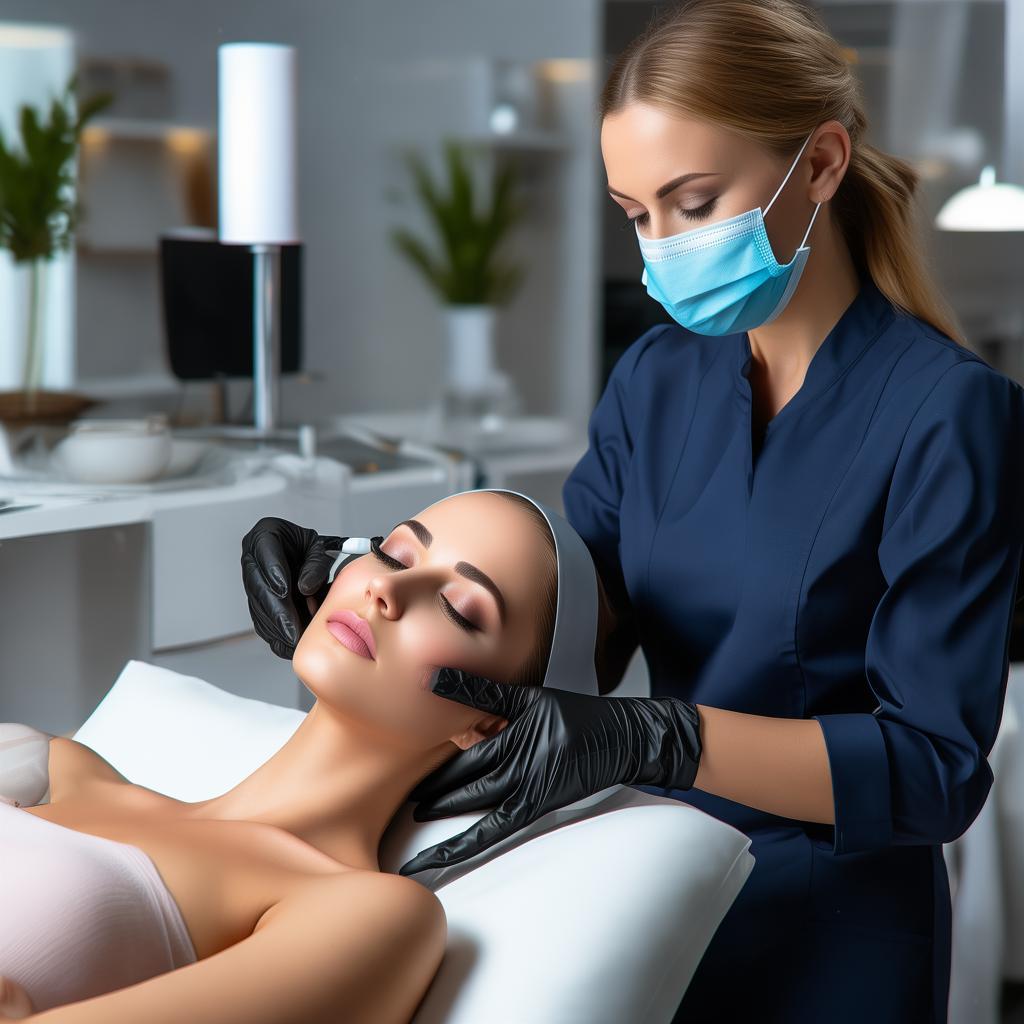 Close-up of a professional performing a non-surgical lifting treatment on a client. The esthetician wears a navy blue uniform, black gloves, a cap, and a mask. The environment is a clean and modern aesthetic center with soft lighting. A separate scene shows a perfect manicure being done, highlighting the precision and durability of the technique. created by AI