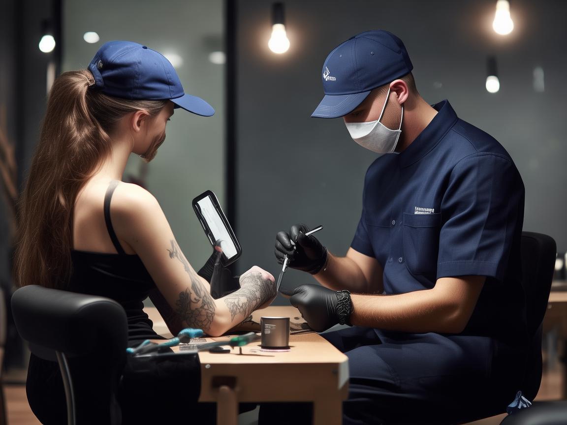 A professional tattoo artist in a modern, well-lit studio, wearing a navy-blue uniform, black gloves, and a matching surgical mask and cap. The artist is delicately working on a fine-line tattoo on a client's forearm using a precise tattoo machine. The client, a young woman with a serene and satisfied expression, is admiring the process in a handheld mirror, should be a casual wear. The studio ambiance is elegant and minimalist, featuring soft lighting and clean, neutral-toned decor. The focus is on the intricate tattooing process, highlighting precision, hygiene, and professionalism. created by AI