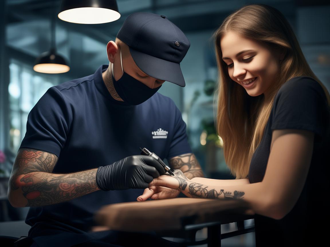 A professional tattoo artist in a modern, well-lit studio, wearing a navy-blue uniform, black gloves, and a matching surgical mask and cap. The artist is delicately working on a fine-line tattoo on a client's forearm using a precise tattoo machine. The client, a young woman with a serene and satisfied expression, is admiring the tattooed process, should be a casual wear. The studio ambiance is elegant and minimalist, featuring soft lighting and clean, neutral-toned decor. The focus is on the intricate tattooing process, highlighting precision, hygiene, and professionalism. created by AI