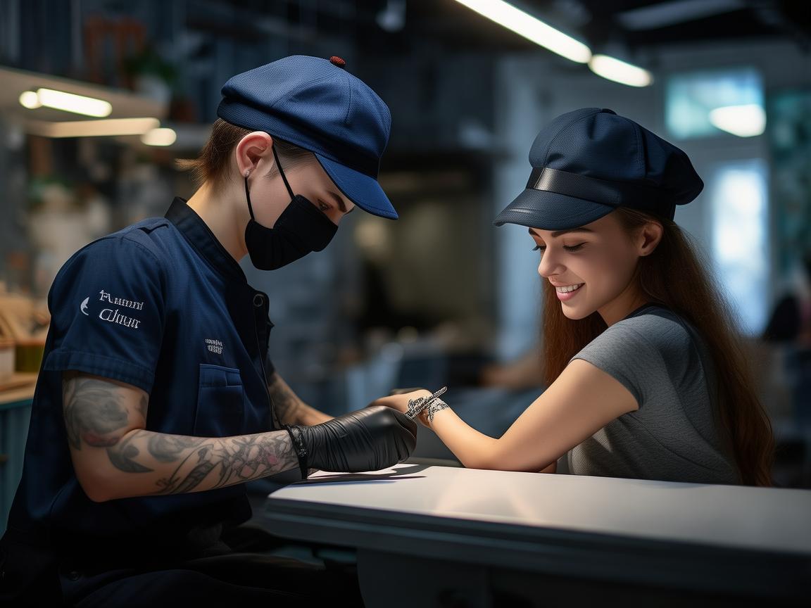 A professional tattoo artist in a modern, well-lit studio, wearing a navy-blue uniform, black gloves, and a matching surgical mask and cap. The artist is delicately working on a fine-line tattoo on a client's forearm using a precise tattoo machine. The client, a young woman with a serene and satisfied expression, is admiring the tattooed process, should be a casual wear. The studio ambiance is elegant and minimalist, featuring soft lighting and clean, neutral-toned decor. The focus is on the intricate tattooing process, highlighting precision, hygiene, and professionalism. created by AI