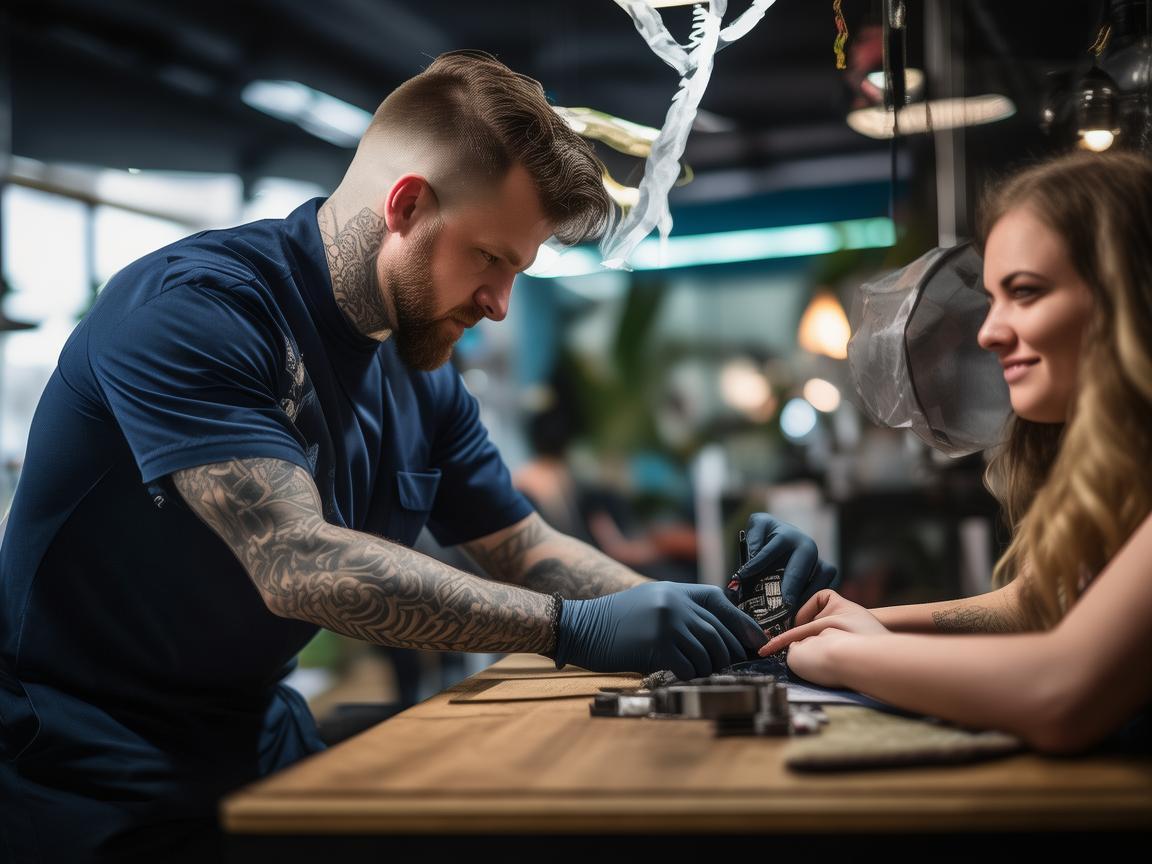 In a sleek, brightly illuminated tattoo parlor, a skilled tattoo artist, clad in a sophisticated navy-blue uniform, black gloves, and a complementary surgical mask and cap, meticulously crafts a delicate fine-line tattoo on the forearm of a contented young woman. The client, exuding a calm and contented demeanor, observes the tattooing process with casual attire. The studio exudes an upscale, minimalist vibe, with gentle lighting and pristine, neutral-hued decor. The image captures the intricate tattooing process with a spotlight on the artist's precision, adherence to hygiene, and professional demeanor. created by AI