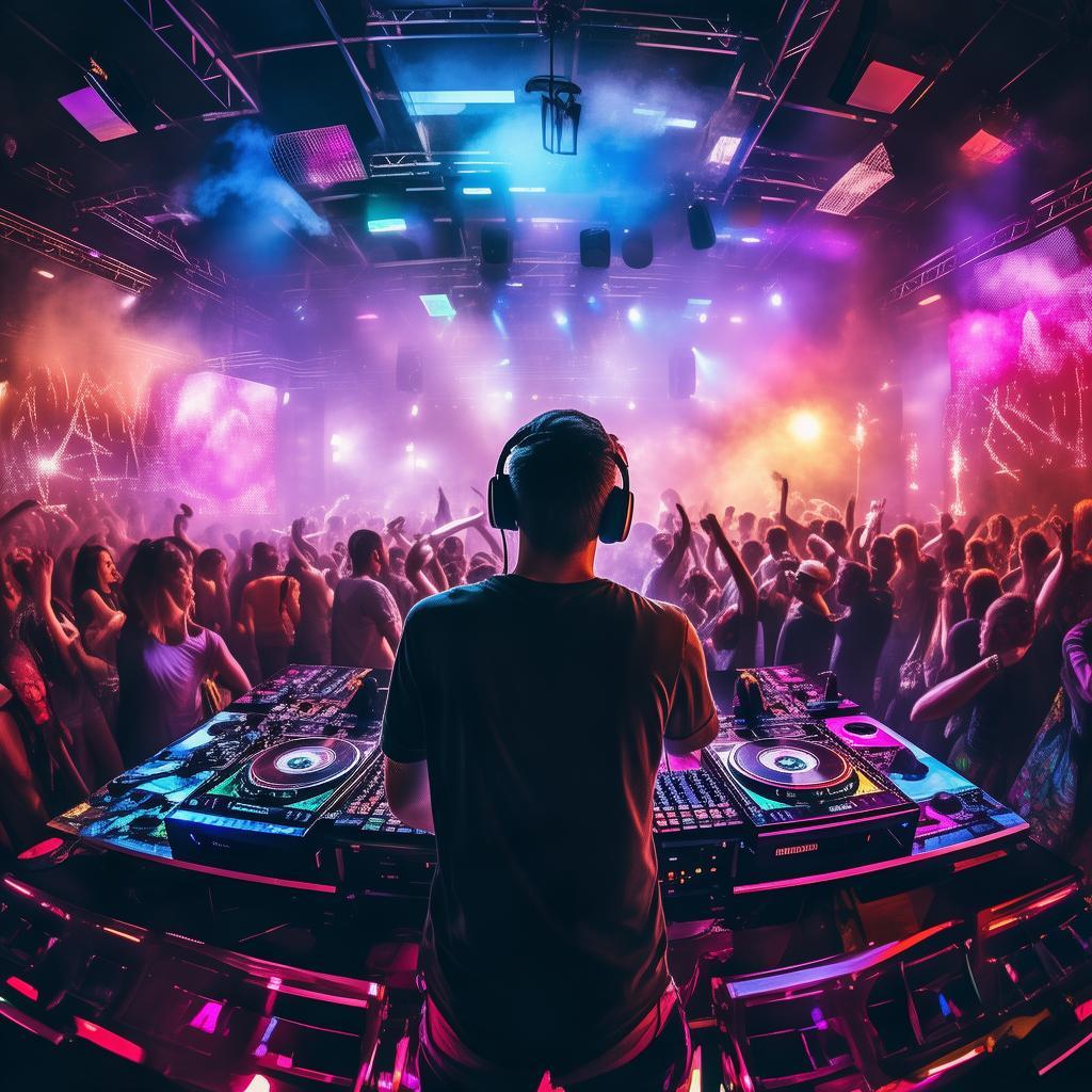"A dynamic DJ performing live in a packed nightclub. The DJ is wearing headphones, standing behind a futuristic DJ booth filled with colorful lights and turntables. The crowd is dancing energetically under pulsing neon lights in shades of blue, purple, and red. Smoke and laser beams fill the air, creating an electric atmosphere. The DJ is hyped, one hand in the air, the other on the mixer. Background filled with partygoers, speakers, and a glowing LED screen displaying animated visuals. Nighttime, high-energy, cinematic style. created by AI