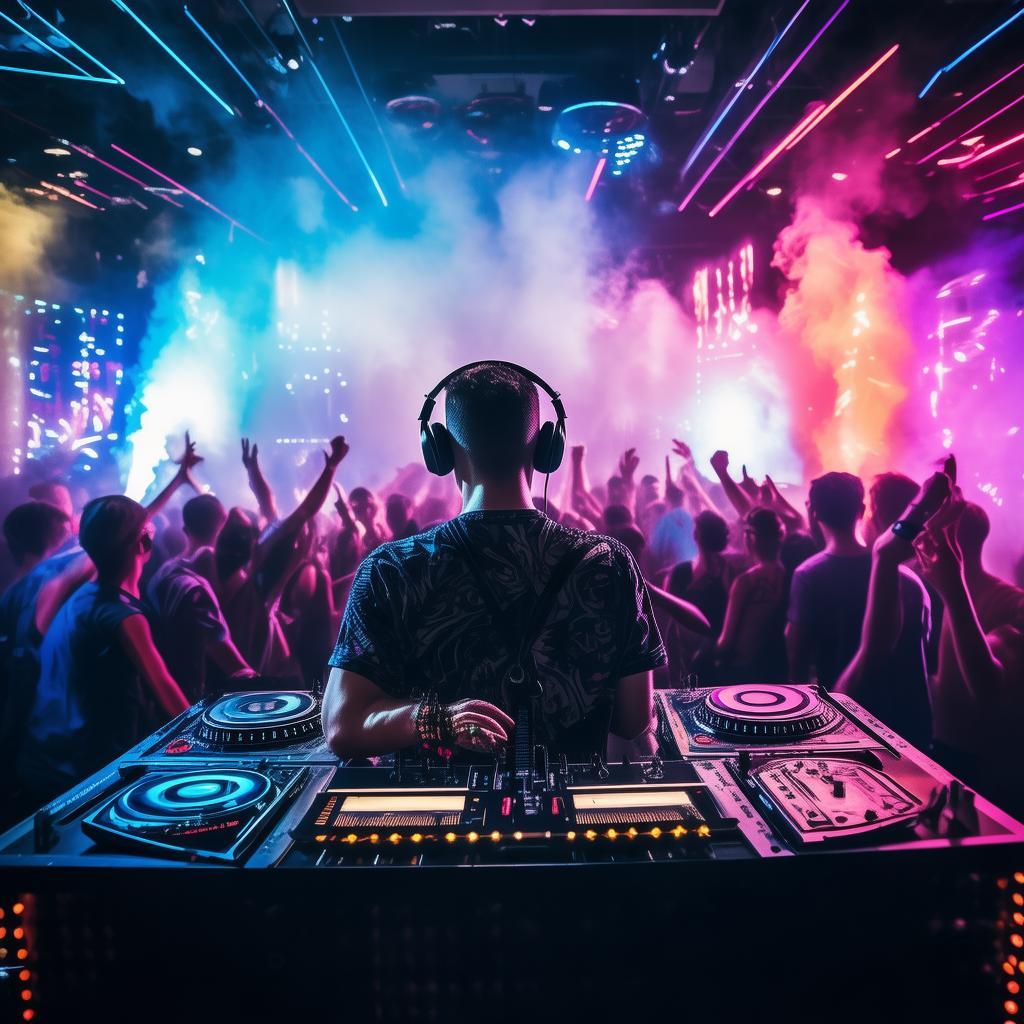 "A dynamic DJ performing live in a packed nightclub. The DJ is wearing headphones, standing behind a futuristic DJ booth filled with colorful lights and turntables. The crowd is dancing energetically under pulsing neon lights in shades of blue, purple, and red. Smoke and laser beams fill the air, creating an electric atmosphere. The DJ is hyped, one hand in the air, the other on the mixer. Background filled with partygoers, speakers, and a glowing LED screen displaying animated visuals. Nighttime, high-energy, cinematic style. created by AI