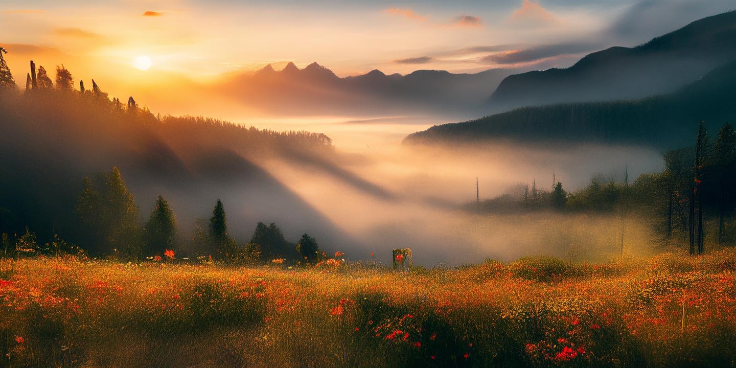 A breathtaking 4K ultra-realistic cinematic landscape of a misty mountain valley at sunrise, golden light spilling over the peaks, vibrant wildflowers in the foreground, soft fog weaving through pine trees, hyper-detailed textures, dramatic contrast, photorealistic lighting, shot on a DSLR camera with a wide-angle lens, 16:9 aspect ratio created by AI