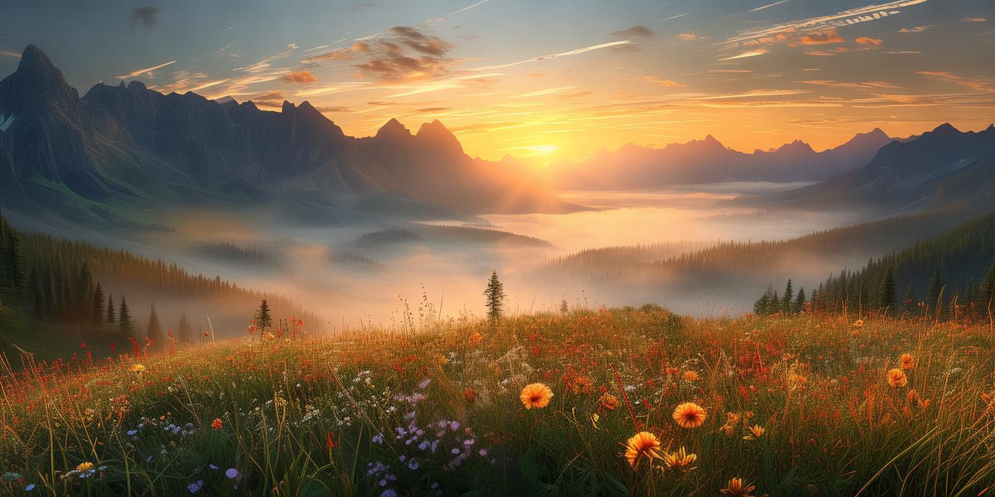 A breathtaking 4K ultra-realistic cinematic landscape of a misty mountain valley at sunrise, golden light spilling over the peaks, vibrant wildflowers in the foreground, soft fog weaving through pine trees, hyper-detailed textures, dramatic contrast, photorealistic lighting, shot on a DSLR camera with a wide-angle lens, 16:9 aspect ratio created by AI