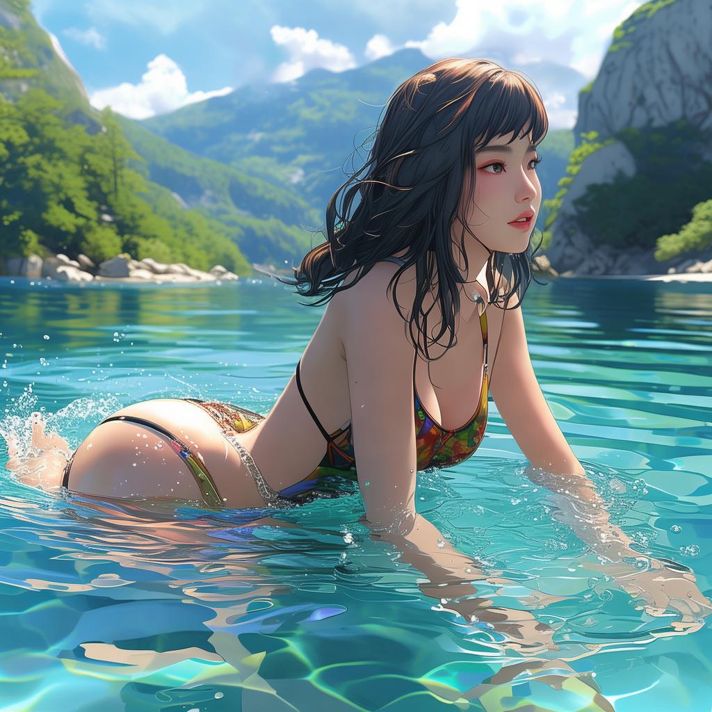 an asian women in swimsuits swimming in a lake which is surrounded by green mountains.
created by AI