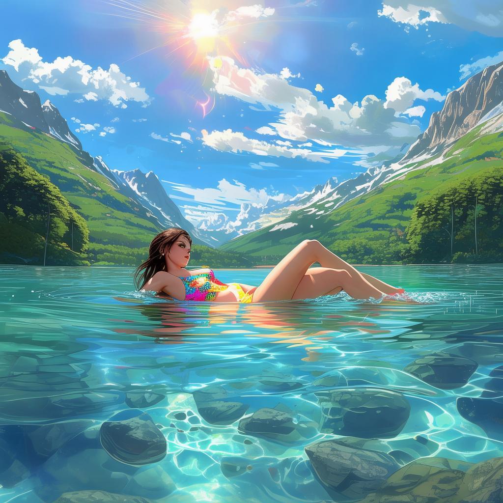 an nude women in swimsuits swimming in a lake which is surrounded by green mountains.
created by AI