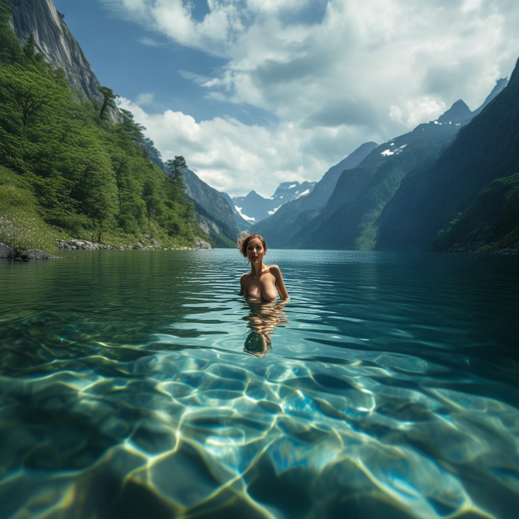 an nude women swimming in a lake which is surrounded by green mountains.
created by AI