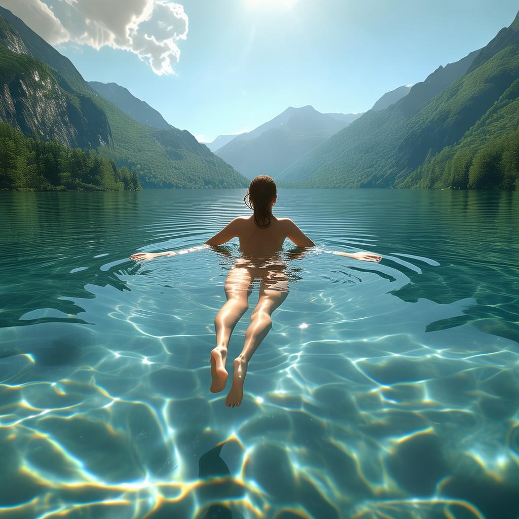 an nude women swimming in a lake which is surrounded by green mountains.
created by AI