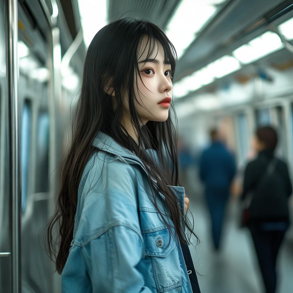 (masterpiece, best quality, ultra detailled, detailed face, pretty girl, (flat cheat:1.2,) slim waist, medium hips) (((adorable, cute, kawaii)), A young japanese female in her early twenties, standing on her feet in the aisle of a train. Her long hair, flowing down to her waist, frames her delicate features, including her petite nose and pursed lips. She has a slim waist and medium hips, accentuated by her loose blue-jeans that hug her curves gently. Her flat chest is barely visible beneath her unbuttoned jacket, adding to her boyish figure. The young woman's hands are securely gripping onto the metal bar above her, providing stability and support as the train continues its journey. The background shows a blurry vision of the train car, with other passengers seated and standing around her, going about their business. The fluorescent lights above cast a cold, harsh glow on her face, emphasizing her focus and determination to remain connected and entertained during the ride. View from the side., cute moe anime character portrait, adorable, featured on pixiv, kawaii mo masterpiece, cuteness overload, very detailed, sooooo adorable!!!, absolute masterpiece created by AI