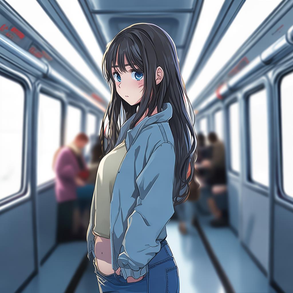 (masterpiece, best quality, ultra detailled, detailed face, pretty girl, (flat cheat:1.2,) slim waist, medium hips) (((adorable, cute, kawaii)), A young japanese female in her early twenties, standing on her feet in the aisle of a train. Her long hair, flowing down to her waist, frames her delicate features, including her petite nose and pursed lips. She has a slim waist and medium hips, accentuated by her loose blue-jeans that hug her curves gently. Her flat chest is barely visible beneath her unbuttoned jacket, adding to her boyish figure. The young woman's hands are securely gripping onto the metal bar above her, providing stability and support as the train continues its journey. The background shows a blurry vision of the train car, with other passengers seated and standing around her, going about their business. The fluorescent lights above cast a cold, harsh glow on her face, emphasizing her focus and determination to remain connected and entertained during the ride. View from the side., cute moe anime character portrait, adorable, featured on pixiv, kawaii mo masterpiece, cuteness overload, very detailed, sooooo adorable!!!, absolute masterpiece created by AI
