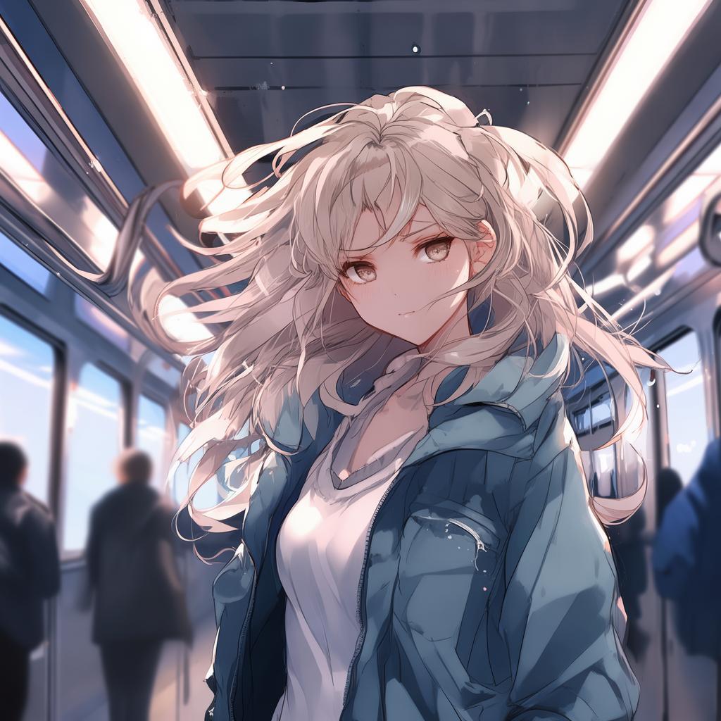 (masterpiece, best quality, ultra detailled, detailed face, pretty girl, (flat cheat:1.2,) slim waist, medium hips) (((adorable, cute, kawaii)), A young japanese female in her early twenties, standing on her feet in the aisle of a train. Her long hair, flowing down to her waist, frames her delicate features, including her petite nose and pursed lips. She has a slim waist and medium hips, accentuated by her loose blue-jeans that hug her curves gently. Her flat chest is barely visible beneath her unbuttoned jacket, adding to her boyish figure. The young woman's hands are securely gripping onto the metal bar above her, providing stability and support as the train continues its journey. The background shows a blurry vision of the train car, with other passengers seated and standing around her, going about their business. The fluorescent lights above cast a cold, harsh glow on her face, emphasizing her focus and determination to remain connected and entertained during the ride. View from the side., cute moe anime character portrait, adorable, featured on pixiv, kawaii mo masterpiece, cuteness overload, very detailed, sooooo adorable!!!, absolute masterpiece created by AI