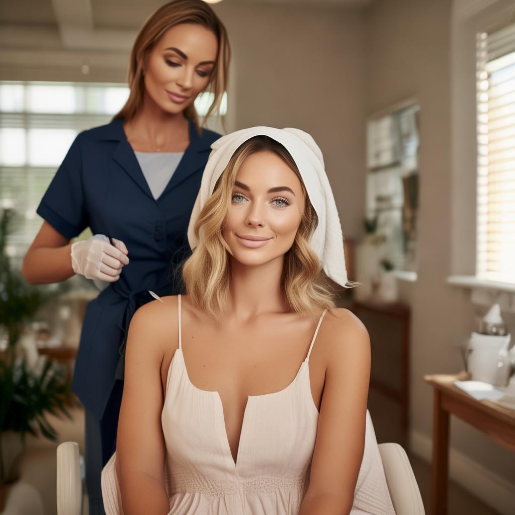 Real-life woman enjoying beauty treatments that simplify her daily routine. Before: rushed morning. After: leaving calm, radiant. Esthetician in navy uniform, natural studio light, warm tone. Everyday elegance meets practicality. created by AI