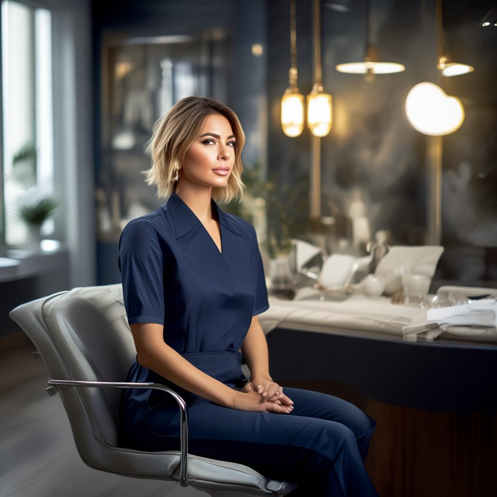 A contemporary woman, dressed in a stylish navy uniform, relaxing in a serene beauty treatment room, her morning routine simplified. Before the treatment, she's in a hurried, chaotic morning scene. After, she leaves with a calm, glowing demeanor. The room is illuminated by soft, natural studio light, casting warm tones over the scene. The blend of everyday elegance and practicality is evident in the room's decor and the woman's tranquil expression. created by AI