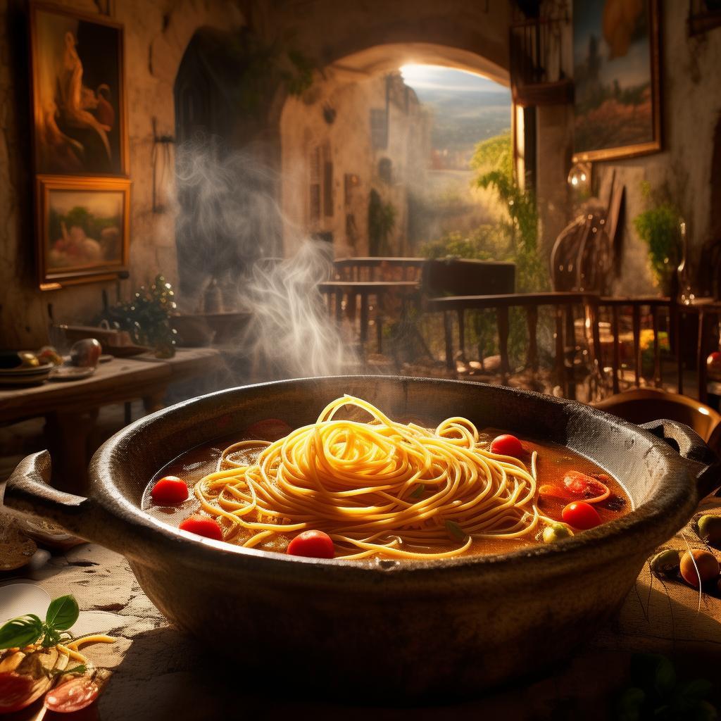 Sous un doux soleil du crépuscule, une bouillotte de pâtes italiennes parfumées se prépare lentement dans une grande marmite en pierre. Des senteurs d'ail noir et de basilic se répandent dans l'air, tandis que les pâtes tournent dans le bouillon. À côté, se trouvent des tomates cerises fraîches, des olives et des tomates tranchées. En arrière-plan, une ancienne auberge italienne aux murs ornés de tableaux vintage crée une ambiance de repas détendu et convivial. created by AI