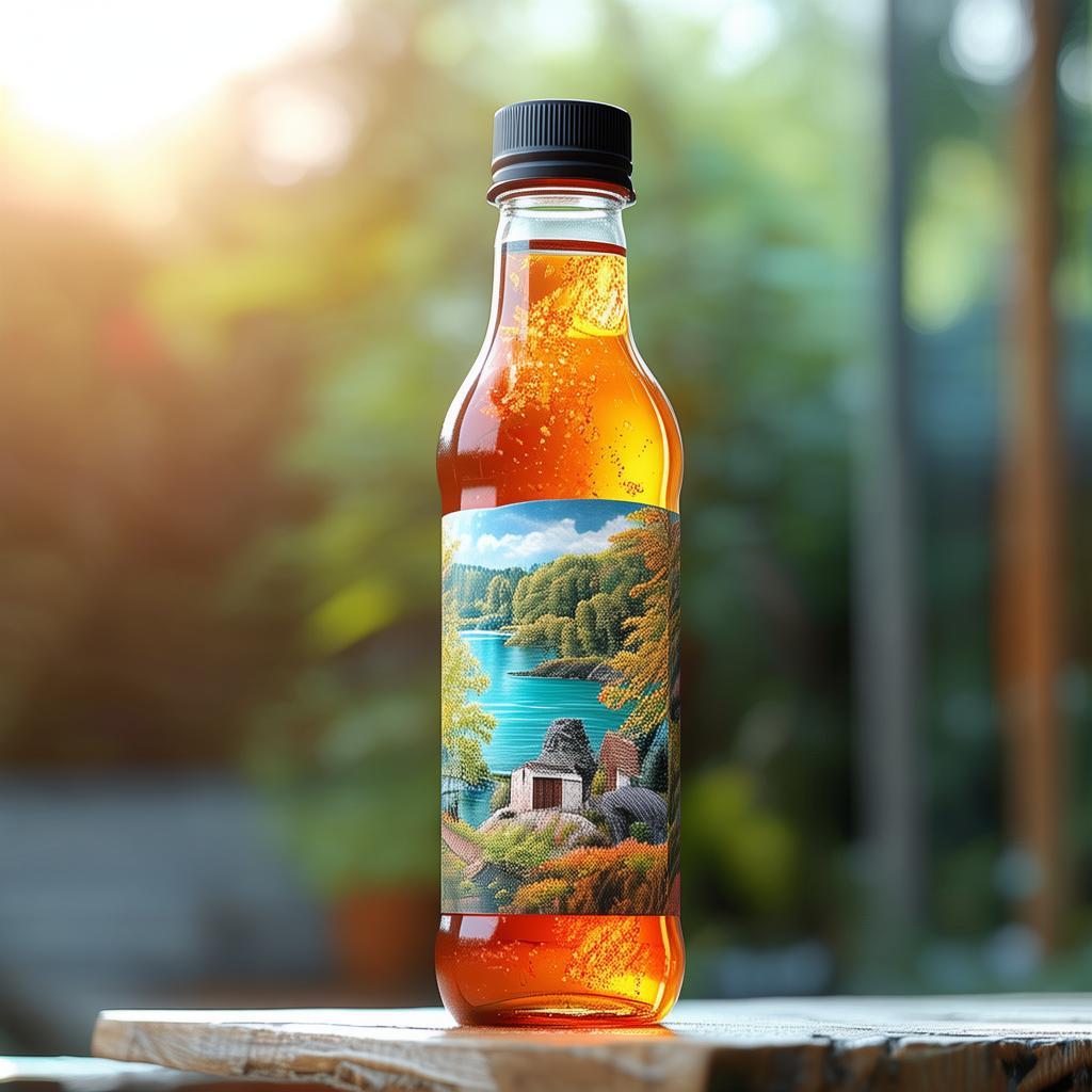Combucha label for 300ml PET bottle, flexo shrink printing created by AI