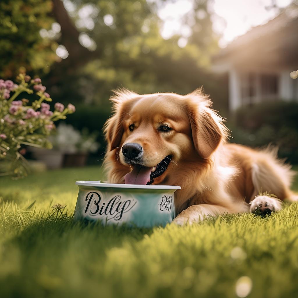cachorro comendo em seu pote de ração escrito "Billy" created by AI