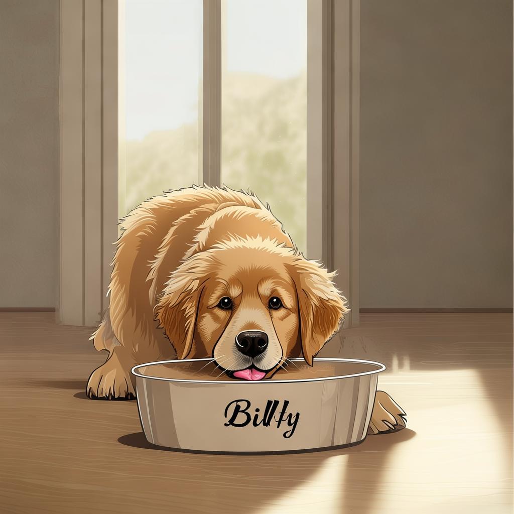 cachorro comendo em seu pote de ração escrito "Billy" created by AI