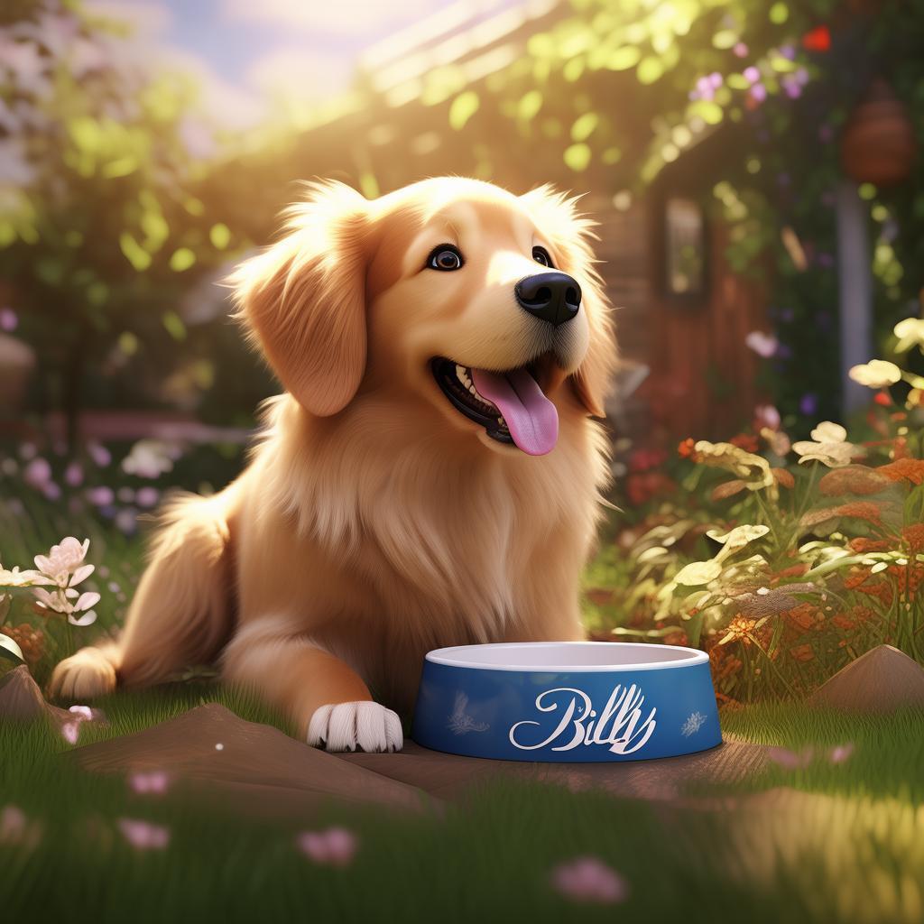 cachorro comendo em seu pote de ração escrito "Billy" created by AI
