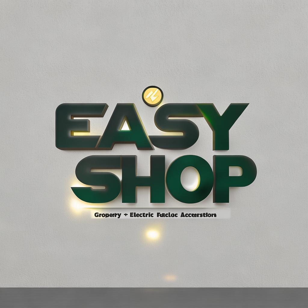 "Create a high-definition 3D logo for 'Easy Shop' with the following specifications:
The main text 'Easy Shop' should be in a bold, modern sans-serif font, colored in a dark green shade (#2E7D32), with a slight 3D effect and a subtle black outline for depth.
The letters 'S', 'h', 'o', 'p' in 'Shop' should be slightly tilted upwards to the right for a dynamic look.
Above the 'S' in 'Shop', place a small icon of a lightning bolt inside a diamond-shaped frame. The lightning bolt should be white with a slight glow, and the diamond frame should be gold (#FFD700).
Below 'Easy Shop', add a thin horizontal gold line (#FFD700) that spans the width of the text.
Under the gold line, include the tagline 'Grocery • Electric Accessories' in a smaller, modern sans-serif font. The text should be black, with 'Grocery' and 'Electric Accessories' separated by a small gold dot. The tagline should also have a slight 3D effect and be tilted upwards to the right, matching the angle of 'Shop'.
The background should be a plain, light grayish-white wall with a subtle texture and soft lighting to enhance the 3D effect of the logo.
Ensure the design looks sharp, smooth, and professional with clean edges and a polished finish." created by AI