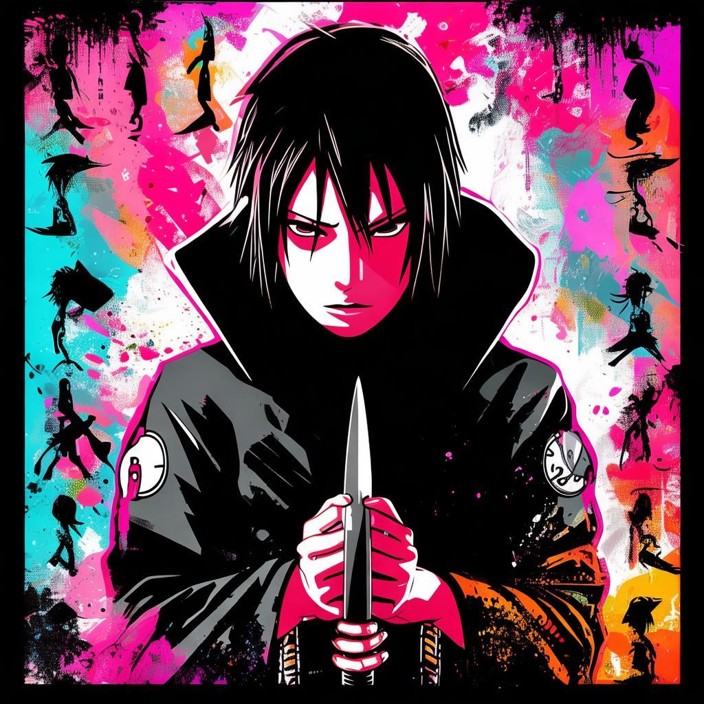I want you to design an image for Itachi from Naruto. The background should be glitchy and his face should be facing the front. he shoudl be holding a kunai in his hands. Make sure you add some cool color contrasts with black. he should be wearing akatsuki's outfit. Some mini photos should be at the bottom. And even add a quote that "The World is an Illusion" make sure the font is cool and it should contrast the photo and the background. created by AI
