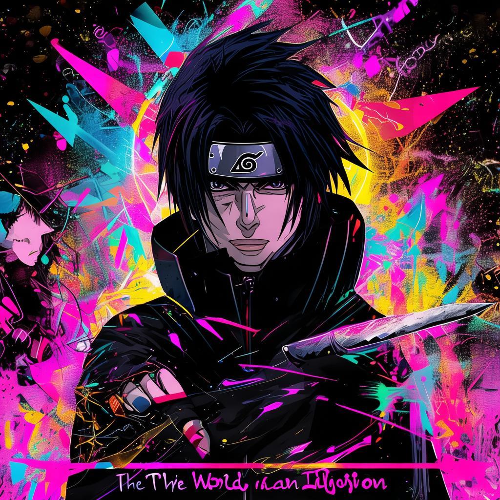 I want you to design an image for Itachi from Naruto. The background should be glitchy and his face should be facing the front. he shoudl be holding a kunai in his hands. Make sure you add some cool color contrasts with black. he should be wearing akatsuki's outfit. Some mini photos should be at the bottom. And even add a quote that "The World is an Illusion" make sure the font is cool and it should contrast the photo and the background.  created by AI