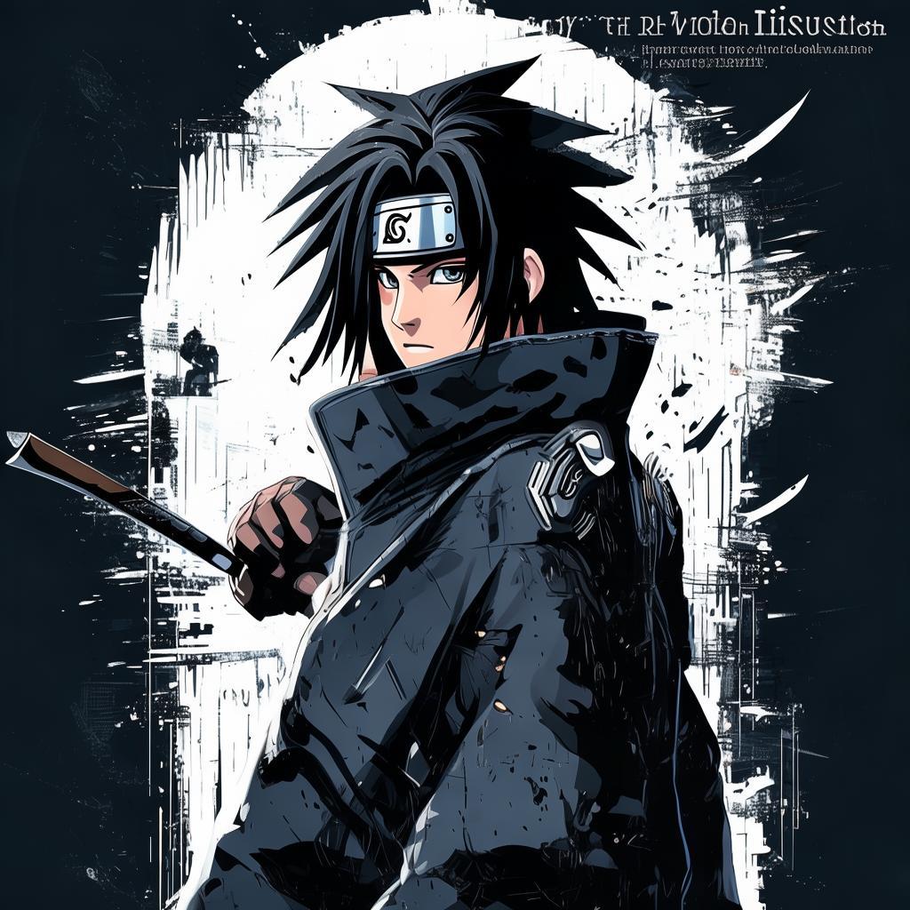 I want you to design an image for Itachi from Naruto. The background should be glitchy and his face should be facing the front. he shoudl be holding a kunai in his hands. Make sure you add some cool color contrasts with black. he should be wearing akatsuki's outfit. Some mini photos should be at the bottom. And even add a quote that "The World is an Illusion" make sure the font is cool and it should contrast the photo and the background. created by AI