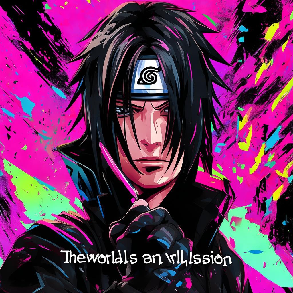 I want you to design an image for Itachi from Naruto. The background should be glitchy and his face should be facing the front. he shoudl be holding a kunai in his hands. Make sure you add some cool color contrasts with black. he should be wearing akatsuki's outfit. Some mini photos should be at the bottom. And even add a quote that "The World is an Illusion" make sure the font is cool and it should contrast the photo and the background. created by AI
