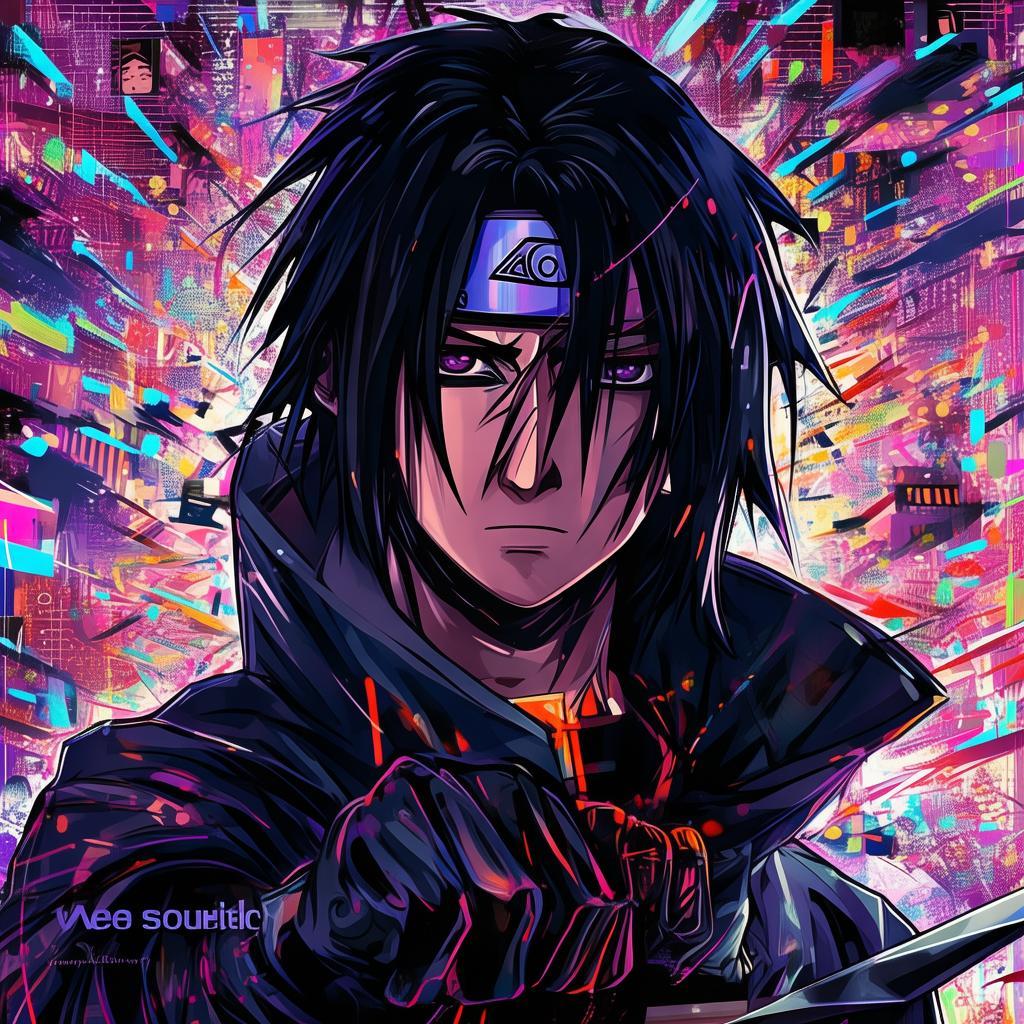 I want you to design an image for Itachi from Naruto. The background should be glitchy and his face should be facing the front. he shoudl be holding a kunai in his hands. Make sure you add some cool color contrasts with black. he should be wearing akatsuki's outfit. Some mini photos should be at the bottom. And even add a quote that "The World is an Illusion" make sure the font is cool and it should contrast the photo and the background. created by AI